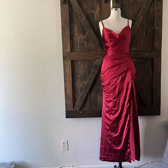 New Wedding dress Satin COWL NECK RED GOWN FRONT Split back lace up gown - Picture 3 of 13